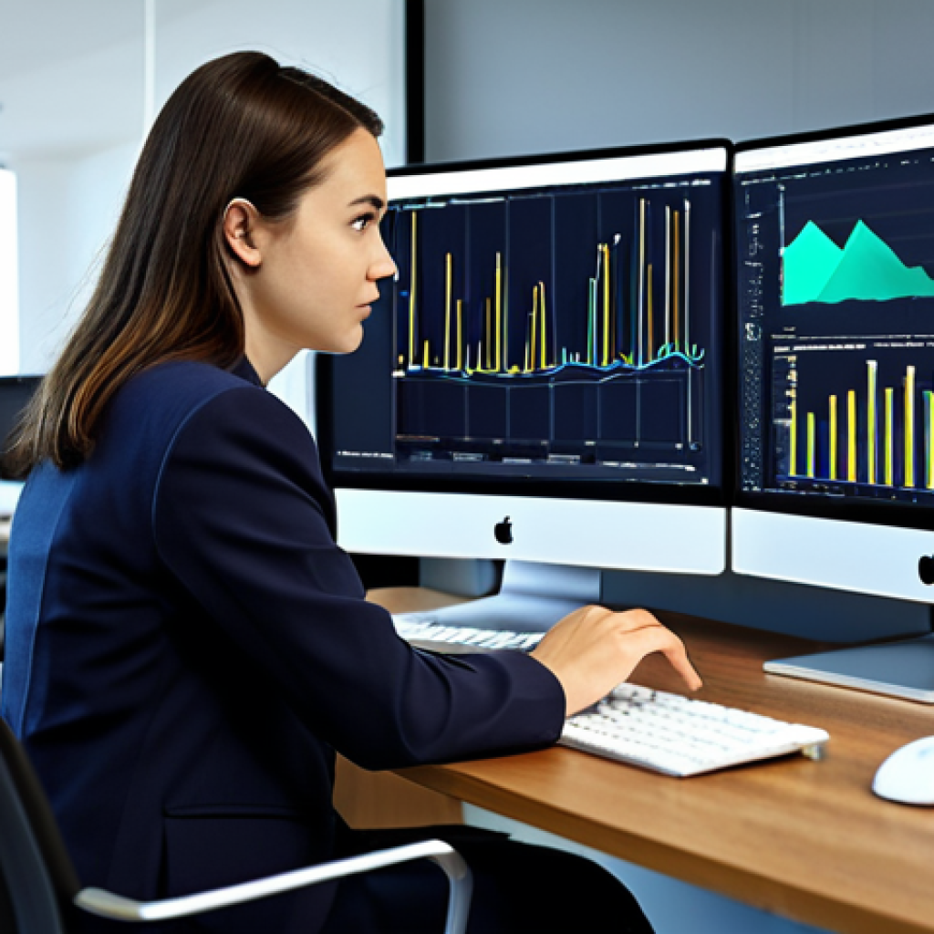 A professional data scientist, fully clothed in a modest business blazer and smart trousers, is seated at a clean, ergonomic desk in a modern, well-lit co-working office. She is deeply focused on two large monitors, one displaying intricate Python code in an IDE, the other showing dynamic data visualizations like a complex network graph and a detailed Pandas dataframe. Her expression is thoughtful and engaged, surrounded by a subtle aura of technological innovation. The background features blurred colleagues and minimalist office decor, suggesting a collaborative environment. Perfect anatomy, correct proportions, natural pose, well-formed hands, proper finger count, natural body proportions, professional dress, appropriate attire, high-quality, safe for work, appropriate content, fully clothed, professional, family-friendly.